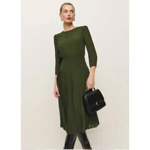 Reformation Womens Sabra Pleated Midi Dress Sz 6 Fern Green Teachercore Academia